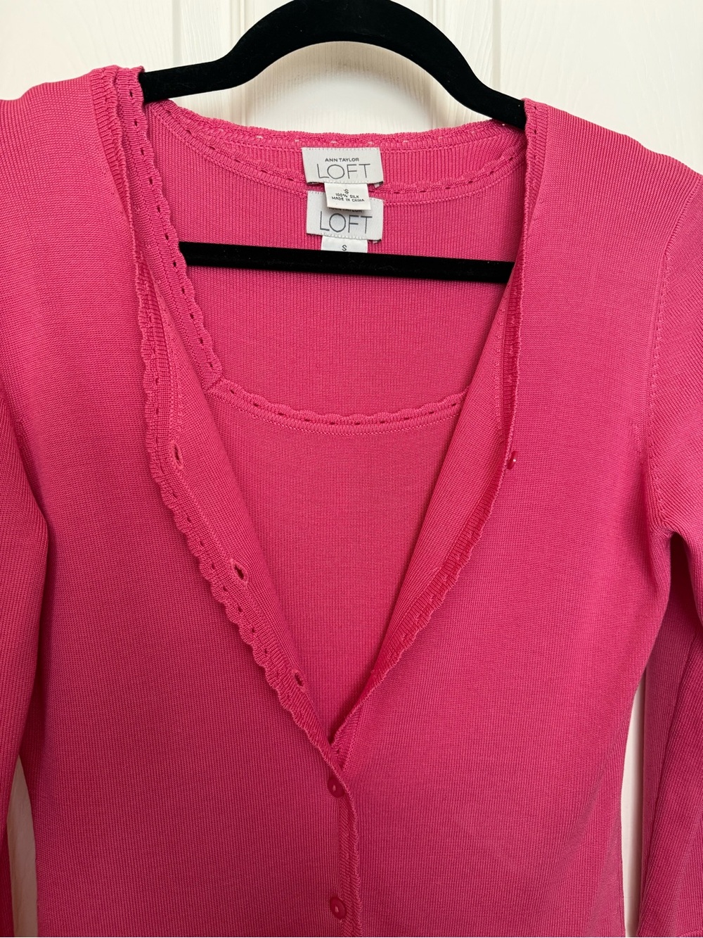 LOFT Hot Pink Scallop Trim Silk Cardigan and Shell Set
